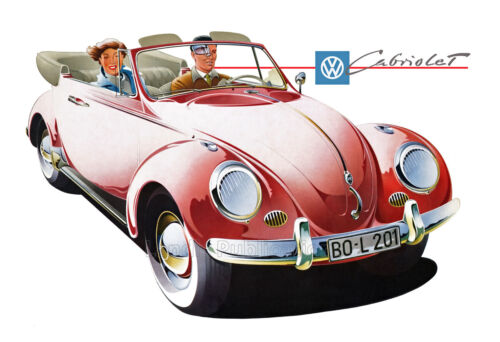 1961 VW Beetle Convertible Cabriolet Vintage Poster