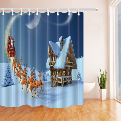 Xmas Decor Santa With Reindeers Wooden Snowy House Fabric Shower Curtain Set 