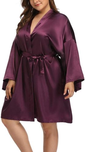 Women/'s Plus Size Silky Robes Pure Color Short Satin Bathrobes with Sash