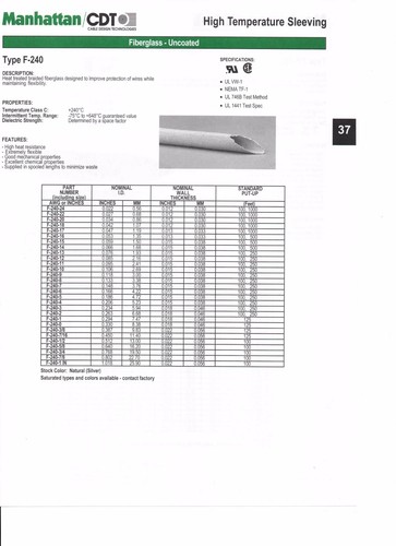 240°C Fiberglass high temperature sleeving Manhattan F240-3 5.94mm 2meter
