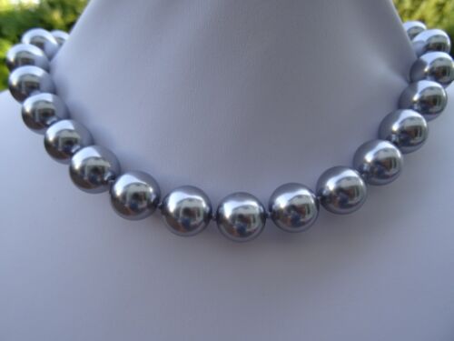 Tolle MUSCHELKERNPERLENKETTE Perlenkette Silber grau 14 mm Kette Collier *c191 