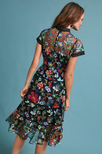 BNWT Black Mesh Bodice Colourful Floral Flower Embroidered Tier Midi Dress 