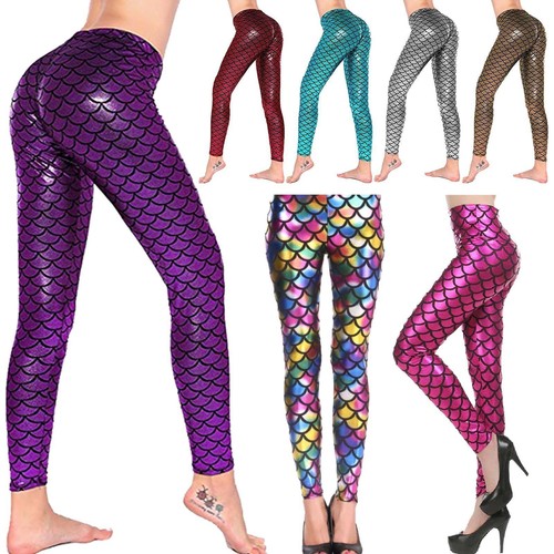 Femmes sirène poisson échelle Legging femmes Slim Shiny Disco Métallique Leggings