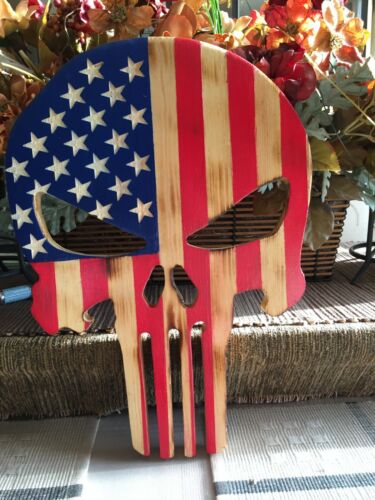 Retirement Gifts ManCave Large Wooden Carved American Flag SKULL Punisher 