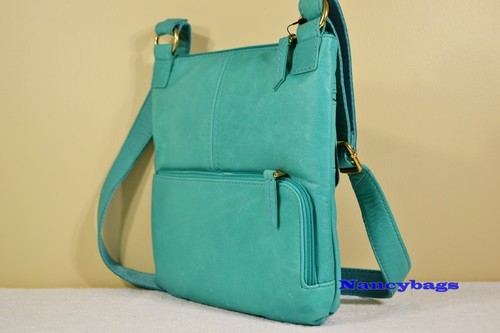 Fossil Aspen Leather Traveler Top Zip Crossbody Sea Glass Green