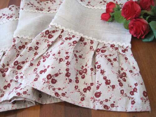 Pretty Wine Red Flower Ribbon lace Frill Beige Cotton Linen Kitchen Café Curtain 