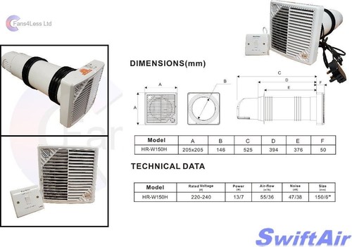 HRW150H mural 84/% Récupération de Chaleur Unit Supply Extrait Ventilateur Humidité Salle De Bain