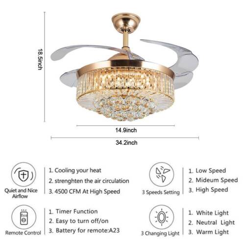 Crystal LED Chandelier Invisible Ceiling Fan Light Ceiling Lamp w// Remote