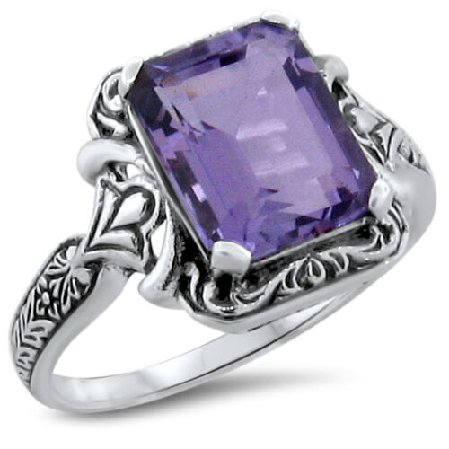 GENUINE BRAZILIAN AMETHYST .925 STERLING SILVER ANTIQUE STYLE RING SIZE 5  #195 