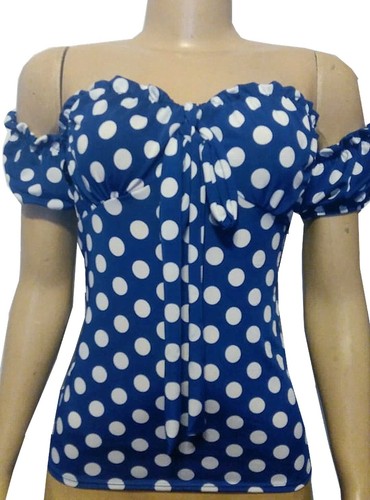 Mid-Night Blue /& White Polka dot/'s off the shoulder Sweet-heart 50/'s pinup top