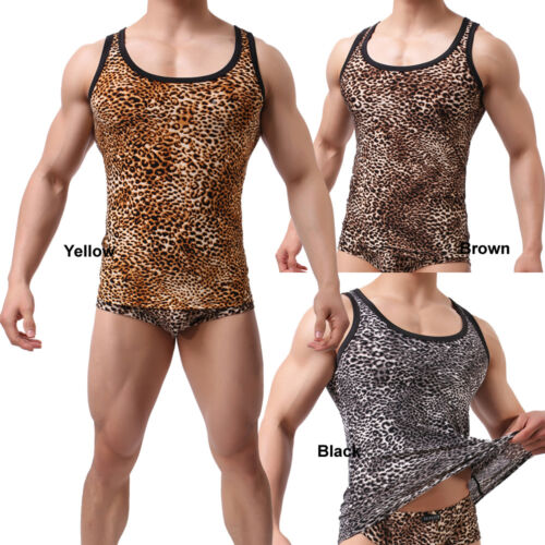 Male Men's Leopard Print Tarzan Brief Underwear Shorts Underpants Tank Top Vest 