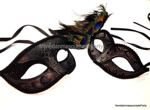 Black Silver Peacock eye Mask Couple Venetian Masquerade Mardi Gras Halloween 
