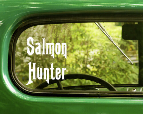 2 SALMON HUNTER FISHING DECALs Sticker For Car Window Bumper Laptop Jeep Rv 