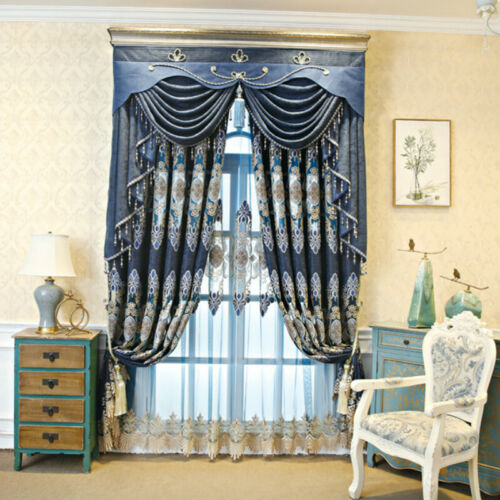 Luxury Blue Blackout Curtains Tulle Chenille Embroidery Hollow Window Drape