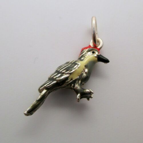 Hand-Enameled STERLING SILVER Red-Bellied Woodpecker CHARM for Bracelet PENDANT 