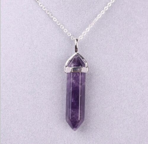 Natural Gemstone Hexagonal Prism Beads Healing Pointed Pendant Necklace 