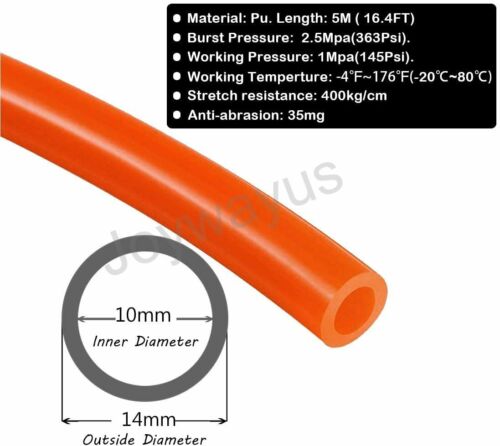 14mm x 10mm Orange Pneumatic Tubing Pipe PU Air Compressor Hose 16.4ft 5 Meter 