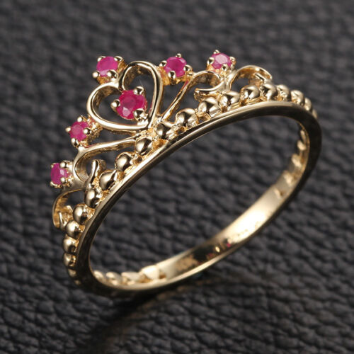 Red Crown Rubies Real 14K Yellow Gold Engagement Wedding Band Anniversary Ring 