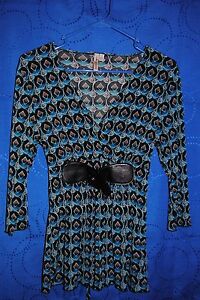 SUSAN-LAWRENCE-Turquoise-Black-Orange-Patterned-Knit-Top-Size-PM