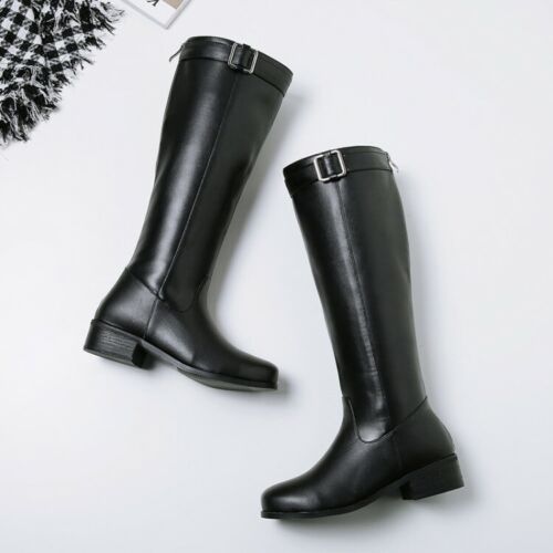 2021 Women Back Zip Round Toe Knee High Boots Riding Shoes Low Heels PU Leather 