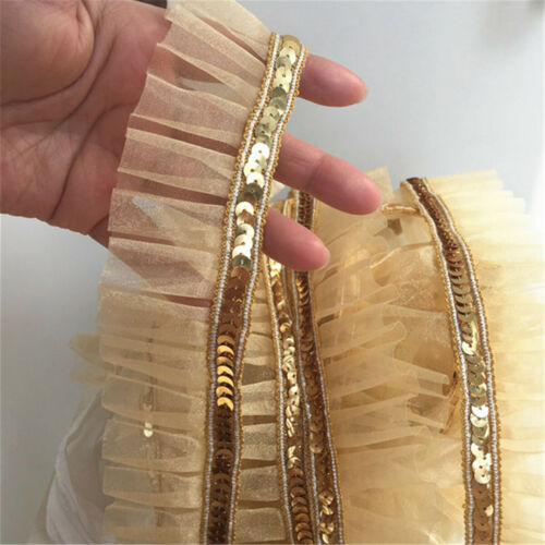 2 Yds Gold Sequins Lace Trim Ribbon Fabric Costume DIY Sewing Craft  4.5cm Width 