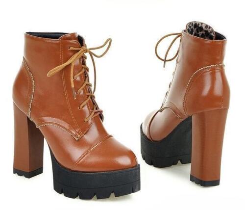 Women/'s Chunky High Heel Ankle Boots Lace Up Platform PU Leather Round Toe Shoes