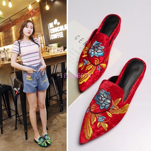 Details about / Womens Velvet Floral EmbroideryPointed Mules Slipper Retro Slides Shoes KK01