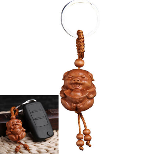 Pig of Year Carving Wooden Pendant Keychain Key Ring Chain Jewelry Gifts Luck LD