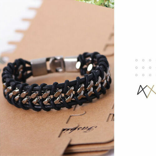 Details about  / Men/'s Fashion Braided Leather Silver Stainless Steel Cuban Chain Bracelet Bangle