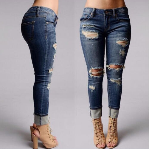 Women's Ripped Knee Cut Jeans Slim Fit Legging Ladies Skinny Denim Sizes 4 To 12 