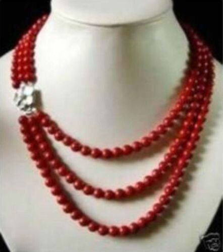 Beautiful 3rows 6mm red coral necklace 17-20" PN684 