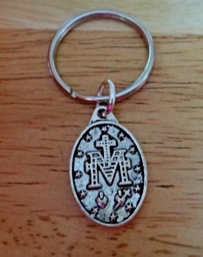 Pewter Silver 25x15mm Miraculous Mary medal on a 1/" Keychain Keyring