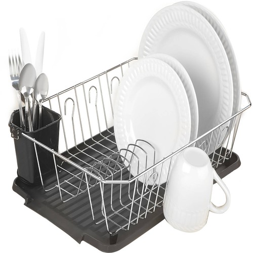 Chrome Kitchen Dish Cup Drying Rack Drainer Dryer Tray Cutlery Holder Organizer