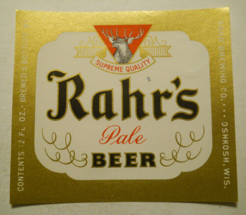 Bottle Label Oshkosh, Wisconsin 1960/'s Rahr/'s Pale Beer