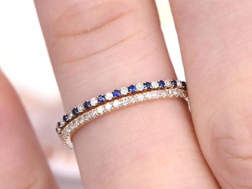 1Ct Round Cut Blue Sapphire Half Eternity Wedding Band Ring 14K Rose Gold Finish