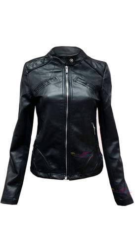 Womens black faux leather PU fur leather zipped biker jacket lot size 8-16