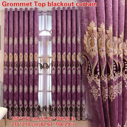 Embroidery Chenille Blackout Curtain Grommet Top Window Panels for Bedroom