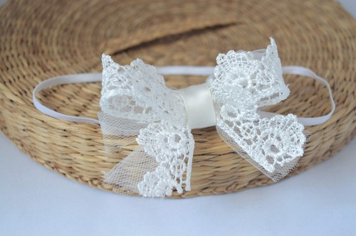Tulle baby bow headband hair band for christening baptism wedding off white lace