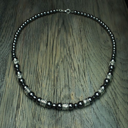 New Mode Bijoux Collier Homme perles Ø6 et Ø8mm HEMATITE Métal couleur argent