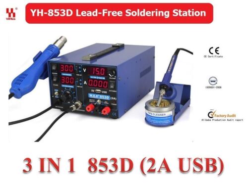 YIHUA 3in1 Soldering Station SMD Rework Iron Hot Air Gun DC Power 853D 5A 2A 1A