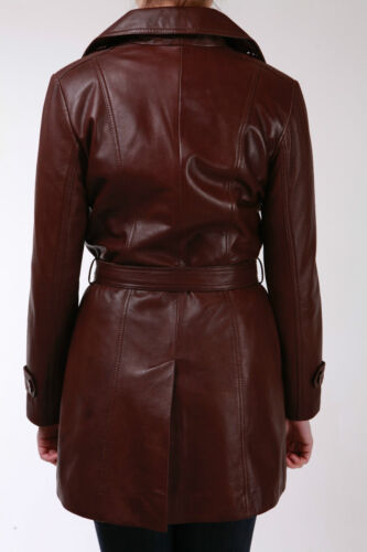 Trench Ladies Brown Mac Classic Mid-Length Designer Real Soft Leather Coat 