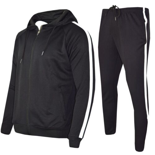 New Mens Polyester Gym King Style Slim Fit Panel Joggers Bottom Hoodie Tracksuit