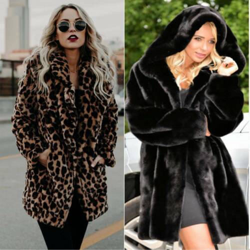 Women Faux Fur Jacket Winter Warm Coats Parka Hooded Pockets Overcoat Outerwear