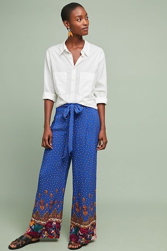 NWT Anthropologie ett:twa Blue Printed Wide-Leg Belted Sash Pants Trousers 6