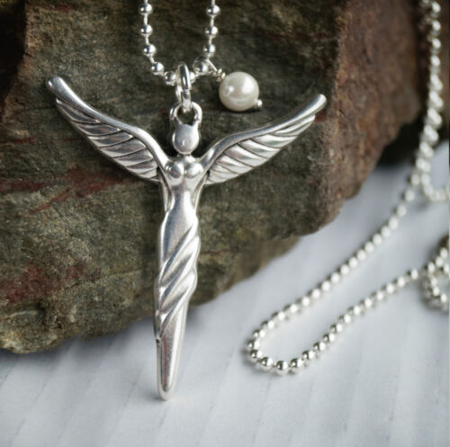 Halskette Engel Schutzengel Süsswasserperlen Silber Kugelkette Anhänger Kette 