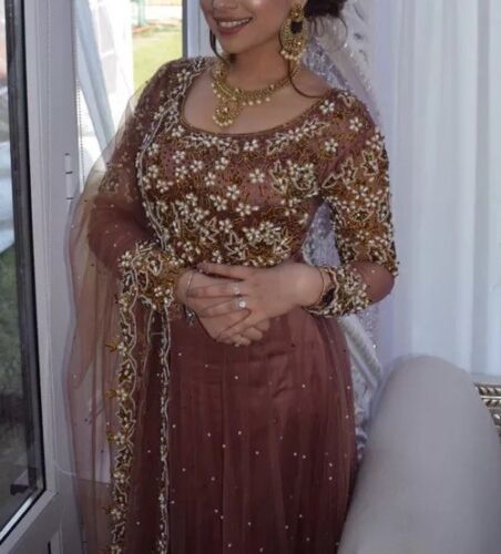 Indian Bollywood Long Churidar Dress Unique Colour Sandy Beige Rusty Gold Pearls 