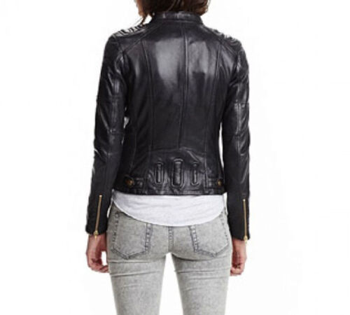 Women/'s Black Slim Fit Biker Moto Club Style Cafe Real Lambskin Leather Jacket