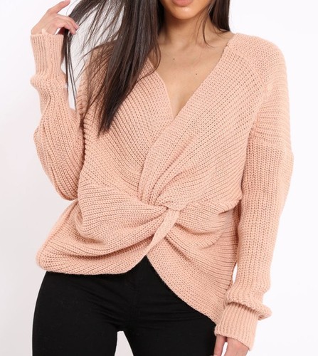 Ladies Womens New Knitted Wrap Back Twist Knot Front Crop Jumper Sweater Top