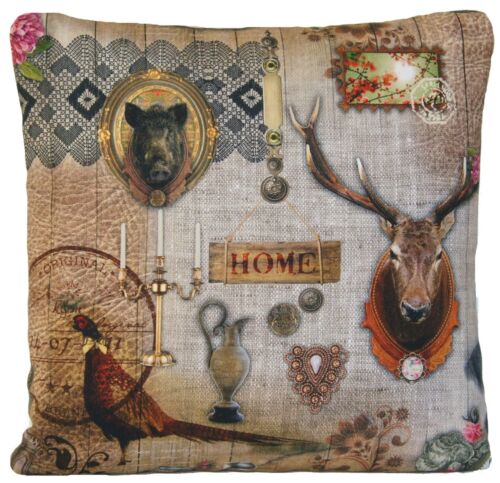 Hunting Lodge Cushion Cover Grey Pillow Case Pheasant Wild Boar Vintage Deer B