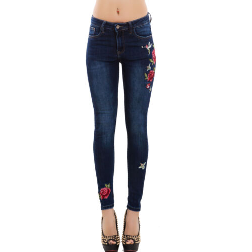 Jeans Pantalon pour Femme Skinny en Slim Fit Fermeture Éclair Motif à Fleurs